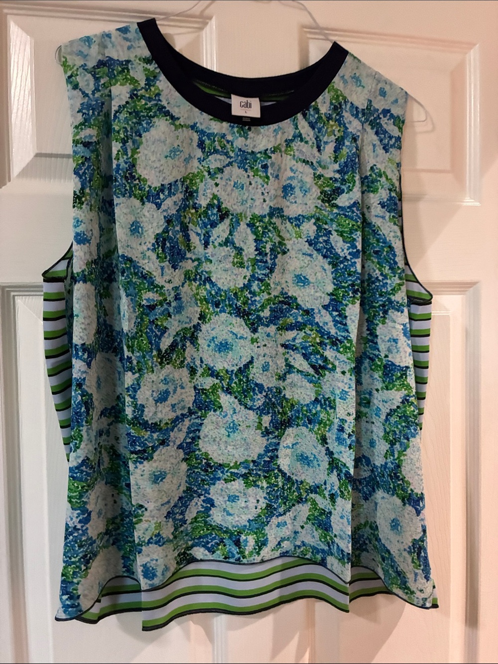 CAbi 6731. Blue and Green Floral Stripe-Trim Tank NWOT